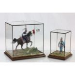 Hand painted European Cavalry & Foot soldier figures, with glass display cases