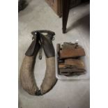 Vintage Leather and Canvas Horse Collar, Quantity of Wooden Woodworking Planes and a Stoneware