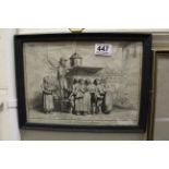 A framed engraving of figures viewing a magic lantern by Bartolomeo Pinelli (1781-1835) dated 1815