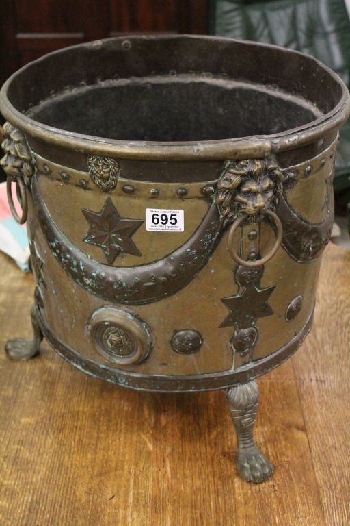 Late 19th / Early 20th century Brass Log Bucket decorated in Copper with Lion Masks, Stars and