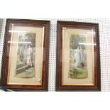 Pair of Victorian Oak and Velvet Framed and Glazed Romantic Scene Prints ' Yes ' and ' No '