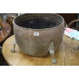 Large Copper Log Cauldron with Brass Handles and Four Lion Paw Feet