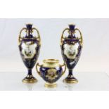 Pair of twin handled Coalport vases with hand painted decoration and a similar squat vase