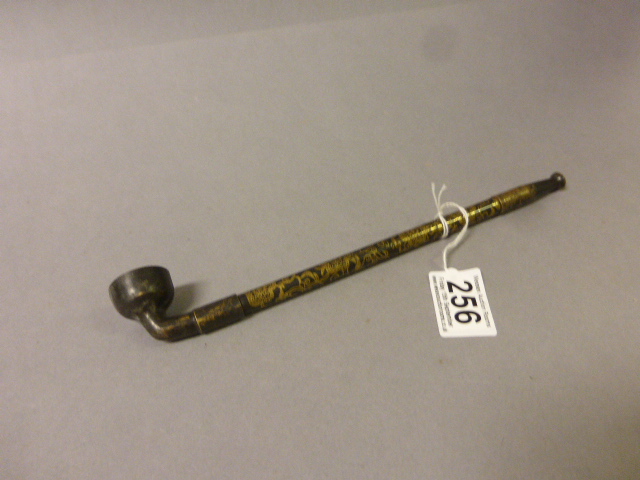 A telescopic antique bronze opium pipe with gilt floral decoration to stem - Image 2 of 2