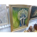 Large gilt framed Oil on canvas depicting a figure on wicker chair with contrasting green