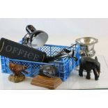 A crate of mixed colletables including an angle poise lamp, silver plate items, carved elephant etc