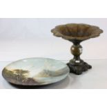 Metal tazza, plus a Windsor & Newton painted metal dish