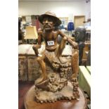 Large vintage Chinese carved wood figure of a fisherman