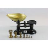 Vintage Set of ' Boots ' Scales with Brass Pans and Seven Brass Weights