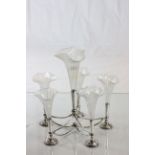 Silver plated eperne with six opaline glass funnels
