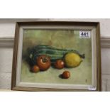 Oil on board still life vegatables and lemon signed with monogram APB