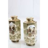 A pair of early 20th century satsuma hexagonal vases with figurative decorative signed to base.