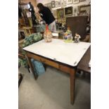 Mid 20th century Enamel Top Kitchen Table on Pine Base with Single Drawer
