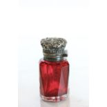 Hallmarked silver topped Cranberry glass smelling salt bottle with stopper