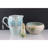 Clarice Cliff water jug and bowl plus a Royal Winton "Gera" pattern sugar caster