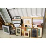 Large quantity of framed pictures and frames to include landscapes, botanical studies, map etc