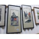 Two framed and glazed matching ink and watercolour views of Quebec by Serge Paque "Le Restaurant Old