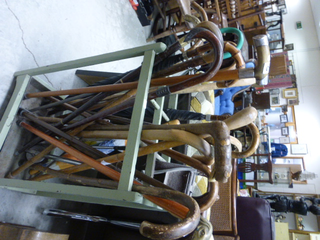 A painted oak stick stand with original metal drip tray and an assortment of 19 vintage walking - Image 7 of 7