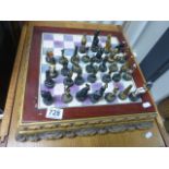 Ornate Chess Board Box with Chess Set in the form of Egyptian Figures