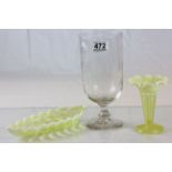 A etched glass celery vase and uranium glass vase and dish.