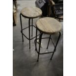 Pair of Industrial Style Stools with Circular Wooden Seats on Metal Bases