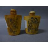 Two Oriental bone snuff bottles, one with Erotic scene