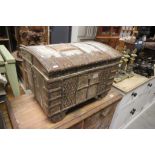 Indian Pine and Iron Bound Domed Top Trunk together with a Carved Wooden Elephant