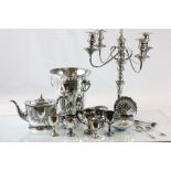 Quantity of Silver Plate including Four Branch Candlearbra, Ice Bucket, Three Piece Tea Service,