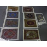 Nine woven silk miniature rugs, possibly for dolls houses