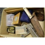 Box of mixed collectibles to include: hardstone charms, knives, Chinese locks