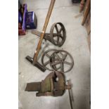 Large Bench Vice, Four Iron Wheels and a Sledge Hammer
