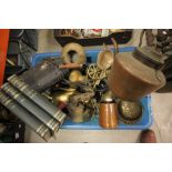 Box of Mixed Metalware including Copper Kettle, Large Brass Duck plus Carpenter & Joinery Books