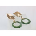 Pair of 14ct Yellow Gold leaf shaped with Jade circular drop earrings on screw backs