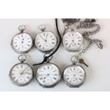 Six vintage hallmarked silver pocket watches, two with chains to include silver