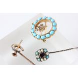 Three turquoise & seed pearl items to include 2 stick pins & a brooch