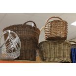 A group of vintage wicker baskets .