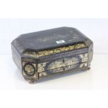 Early 20th century Japanese Black Lacquered Sewing Box with panels of gilded decoration depicting