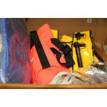 Wooden box with three crew saver life jackets, two with safety harnesses, boat rope, Nemo Bosuns