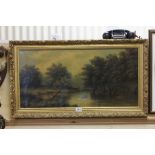 Ornate Gilt Framed Early 20th century Oil on Canvas, figures by a stream