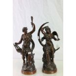 Par Bruchon - two large spelter figures of Apollon and Phebe on oak display plinths