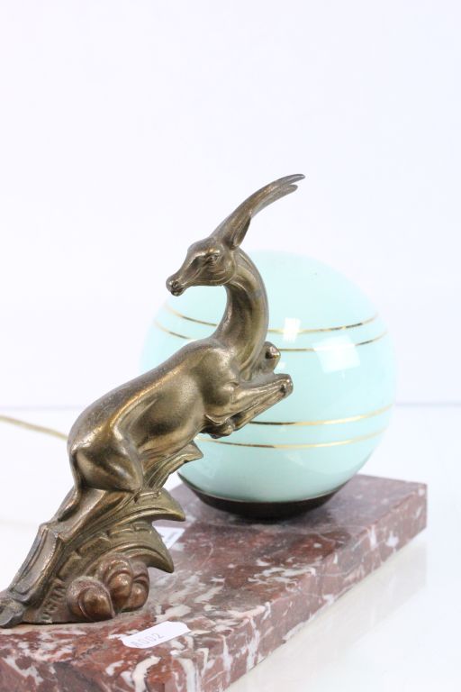 Art Deco Table Lamp with Green Glass Globe Shade and Brass Leaping Antelope on Marble Base - Image 2 of 2