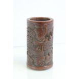 Chinese bamboo brush pot with detailed carved decoration