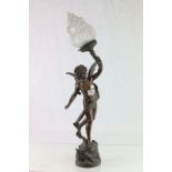 Spelter Lamp of Eros with Glass Flame Shade, signed Auguste Moreau