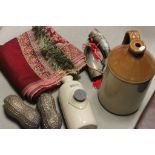 Pair of decorated horns, Langley ceramic hot water bottle, stoneware flagon, etc