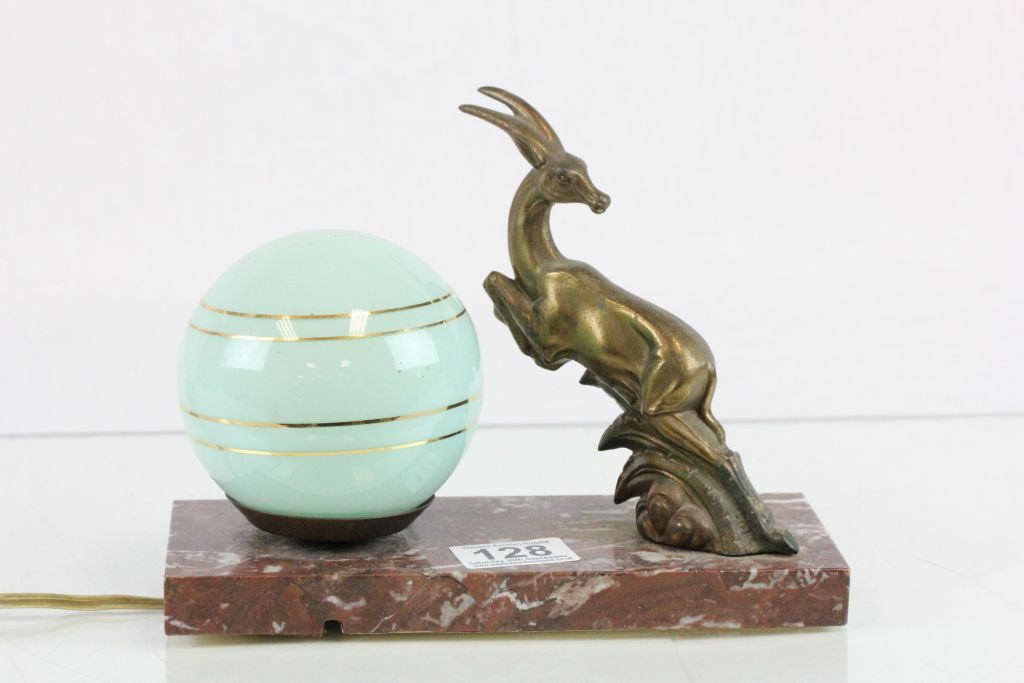 Art Deco Table Lamp with Green Glass Globe Shade and Brass Leaping Antelope on Marble Base