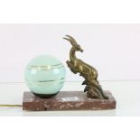 Art Deco Table Lamp with Green Glass Globe Shade and Brass Leaping Antelope on Marble Base
