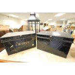 Two Vintage black metal deed boxes and a Large Black Metal Box