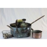 Mixed collectables to include a large copper pan, scales, weights etc