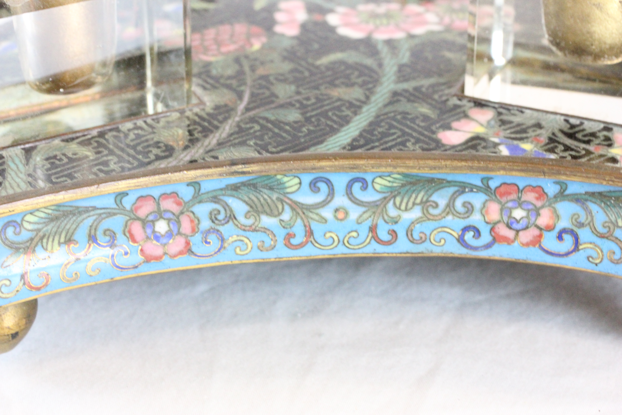 Chinese Cloisonne enamel ink stand and pot with floral decoration & two glass inkwells - Image 6 of 12