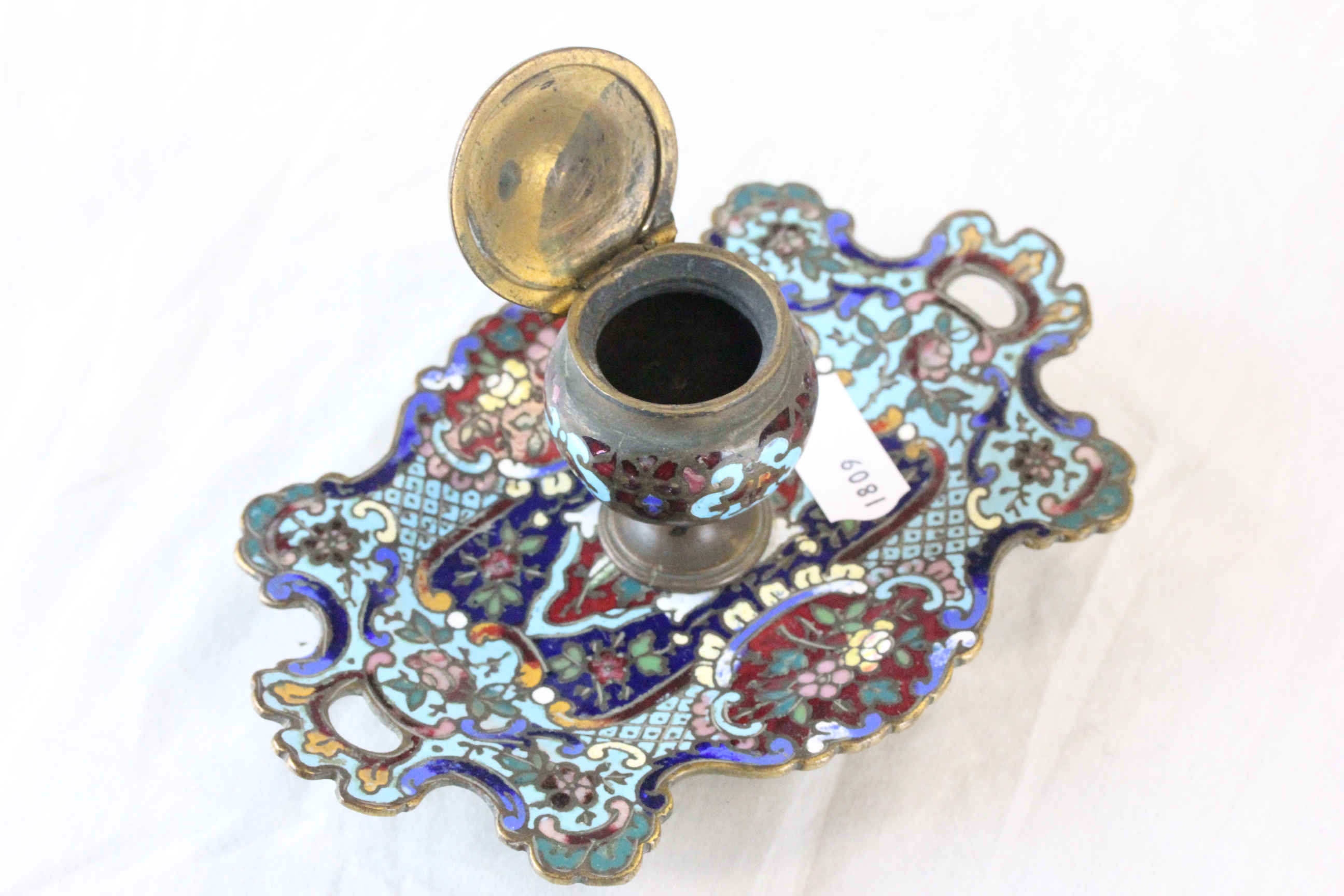 Chinese Cloisonne enamel ink stand and pot with floral decoration & two glass inkwells - Image 3 of 12